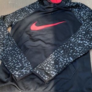 Nike Black Hoodie with Red Swoosh and Gray Pattern